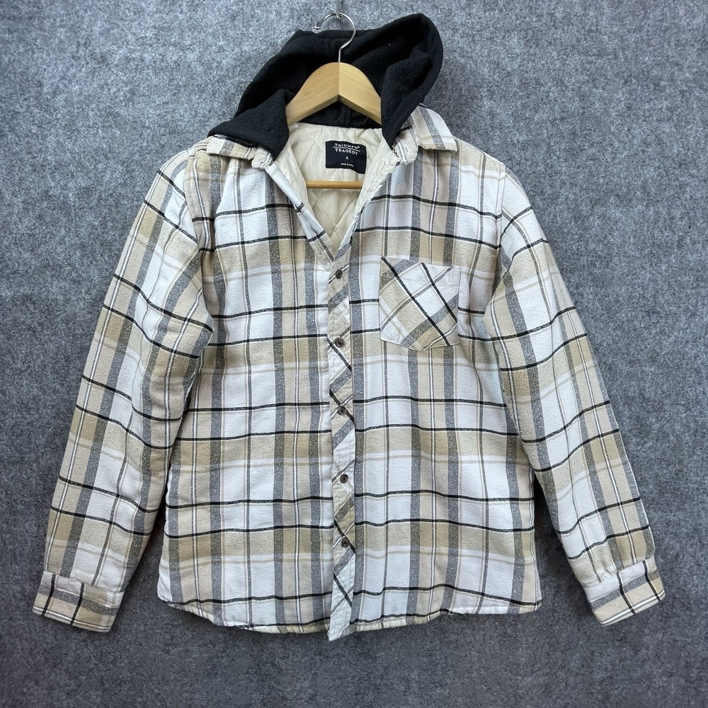 Triumph Tragedy Jacket Mens Small Quilted Hooded Flannel Tartan White Sand Chore